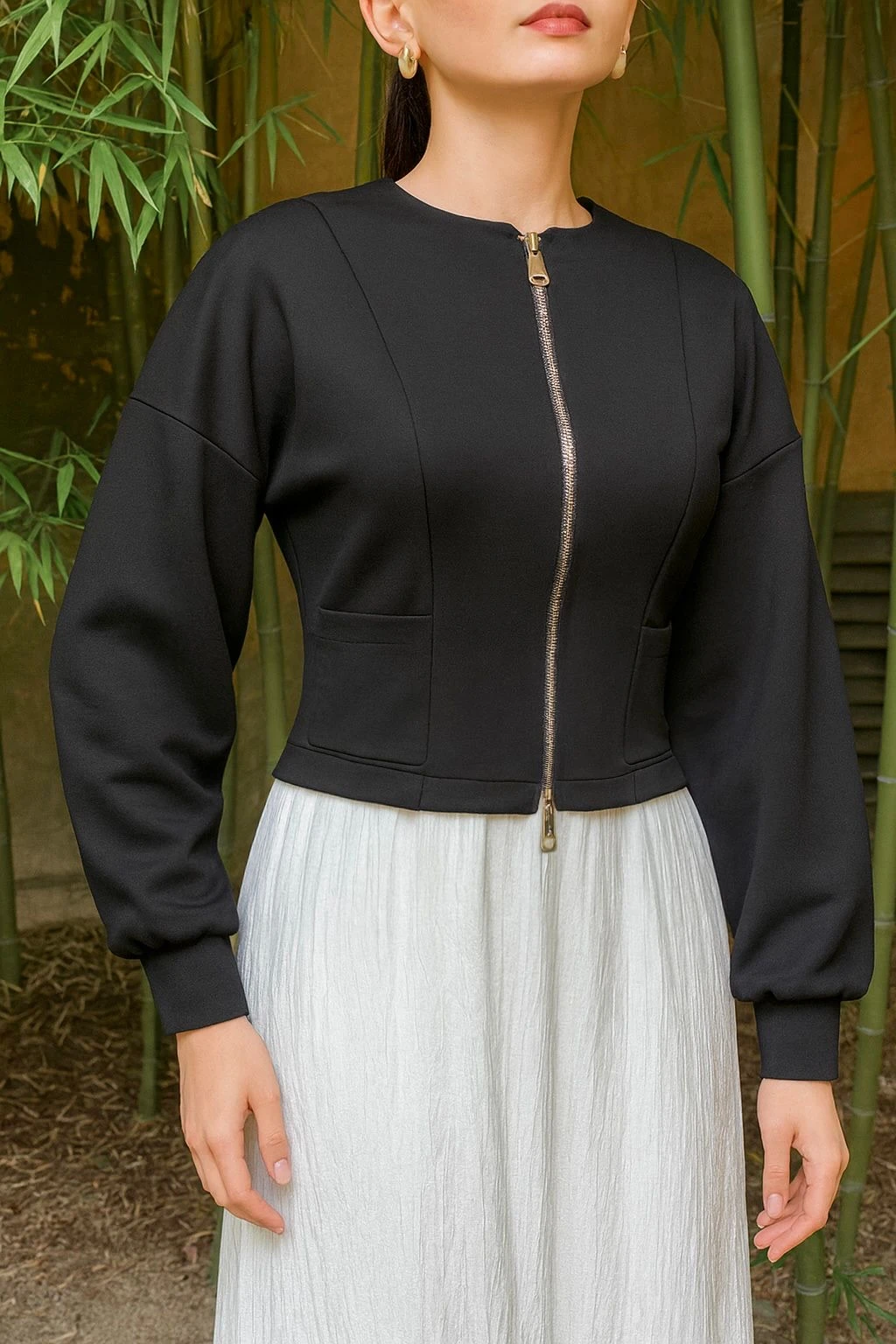 Çift taraflı fermuar detaylı hırka premium kumaş siyah