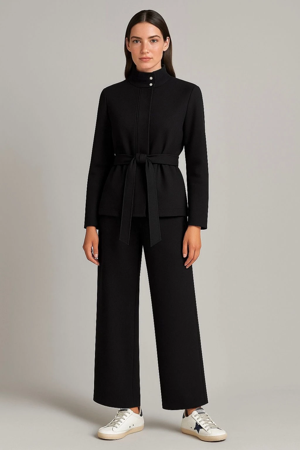 Kuşaklı yüksek yaka ceket premium kumaş