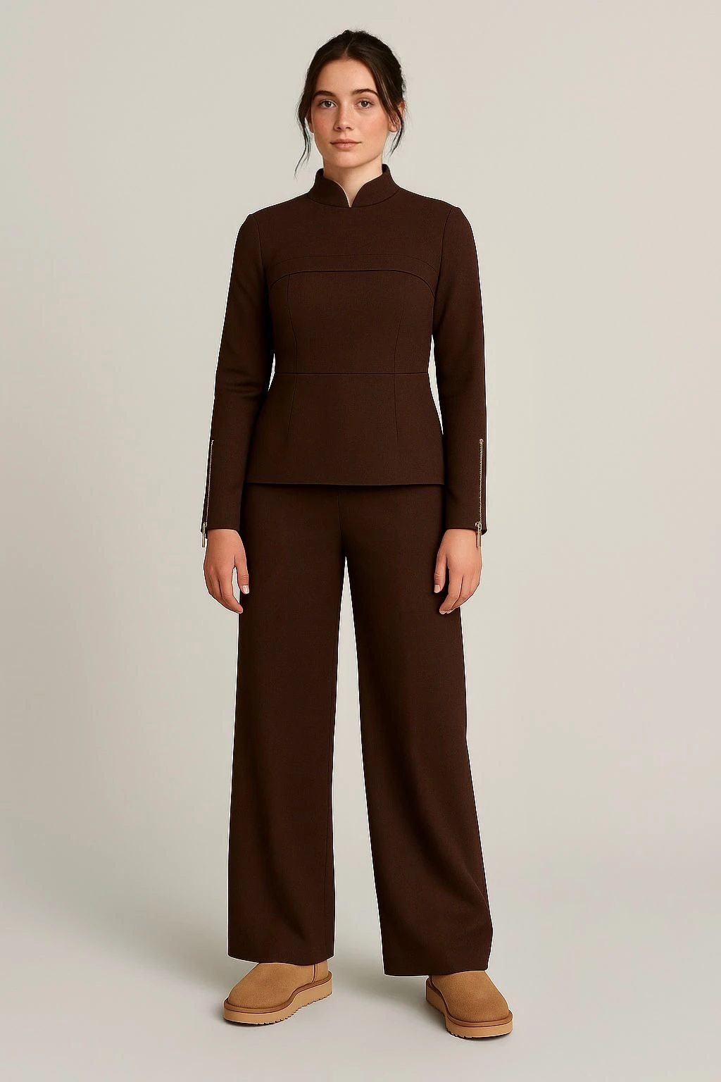 Belden oturtmalı bluz fermuar detaylı kahverengi