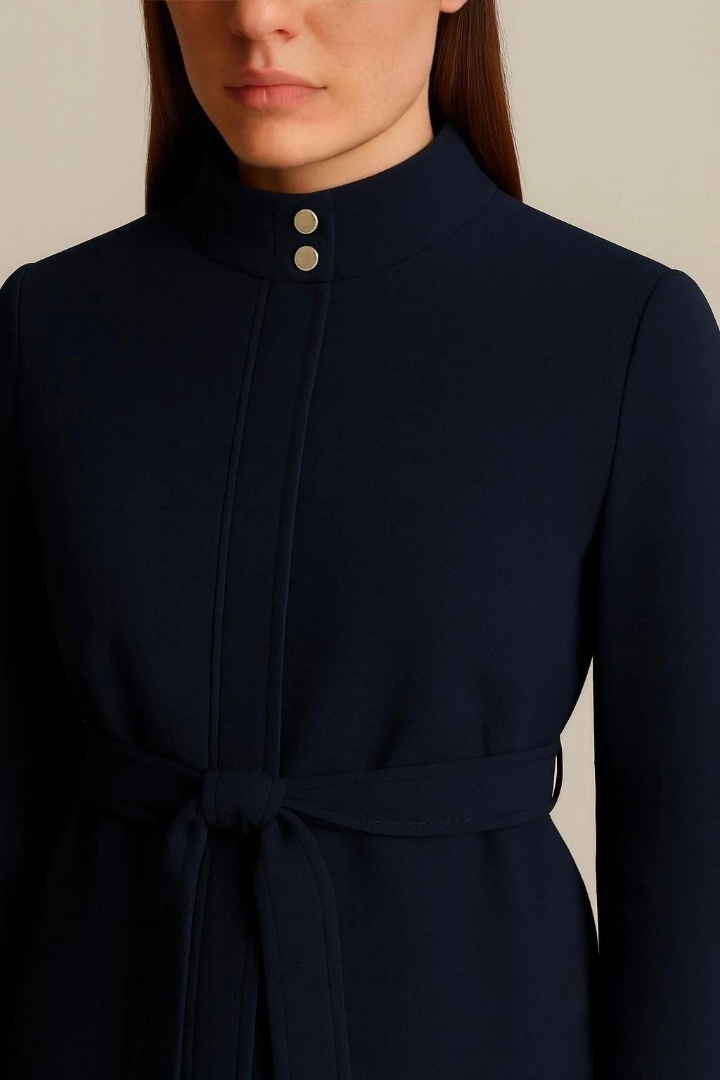 Kuşaklı yüksek yaka ceket premium kumaş lacivert