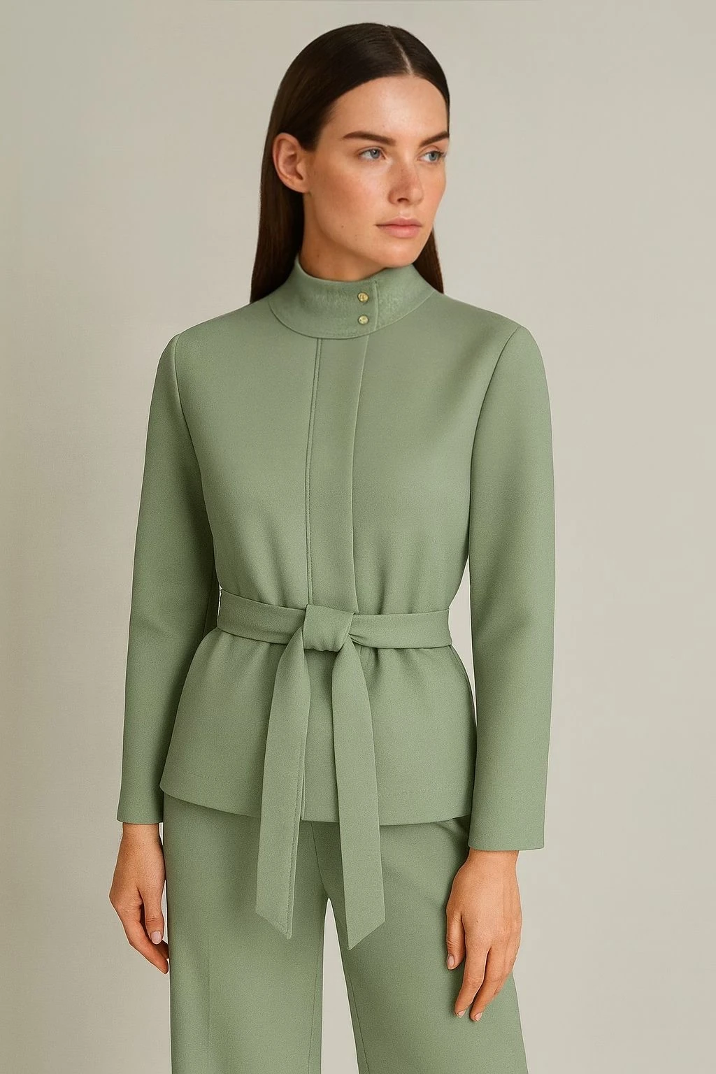 Kuşaklı yüksek yaka ceket premium kumaş haki