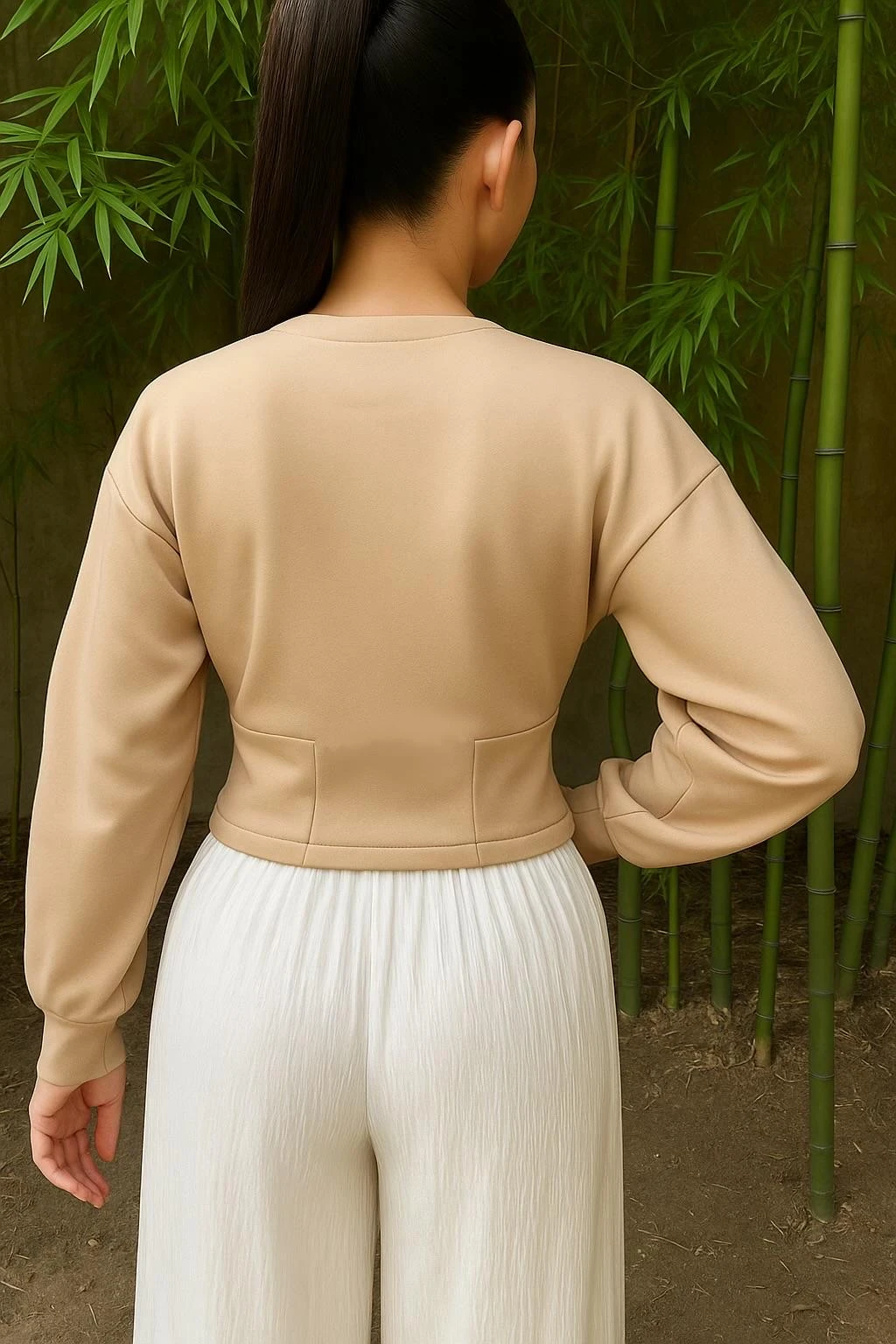 Çift taraflı fermuar detaylı hırka premium kumaş bej