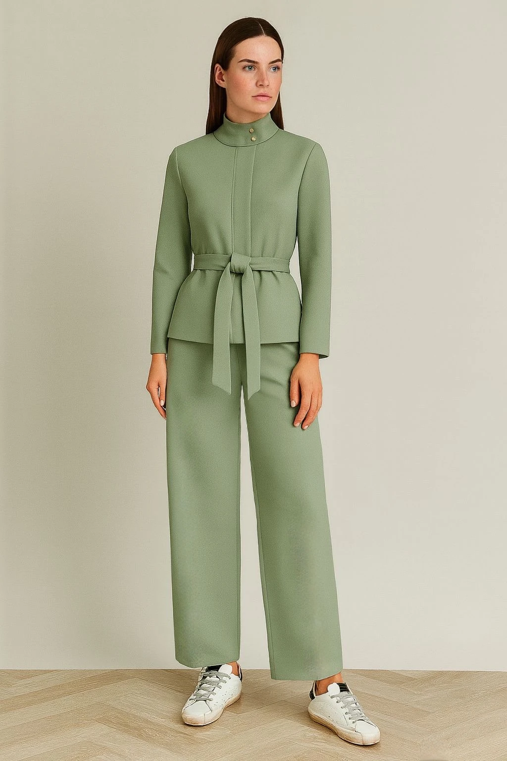 Kuşaklı yüksek yaka ceket premium kumaş haki