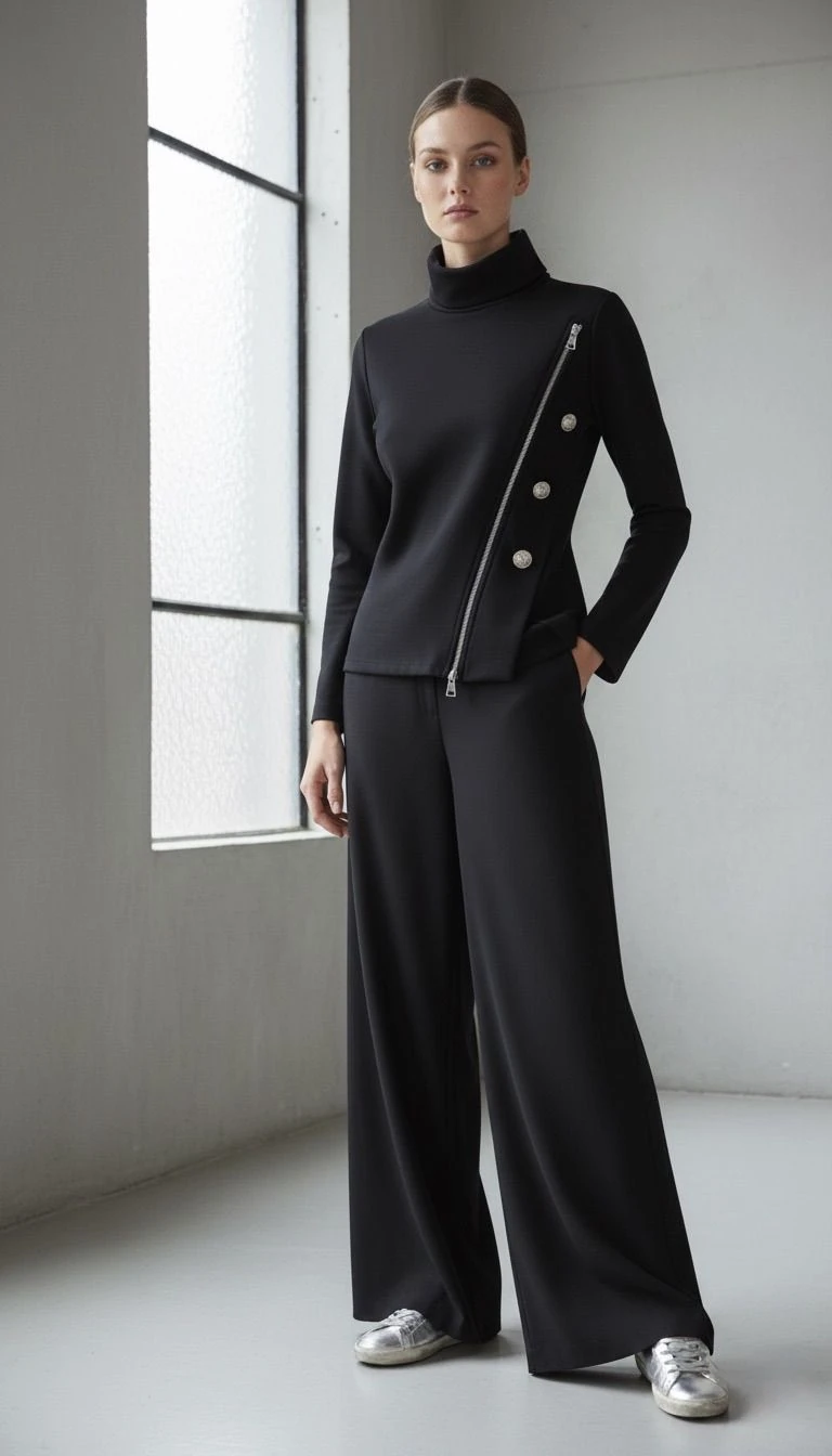 Asimetrik fermuar detaylı bluz premium kumaş