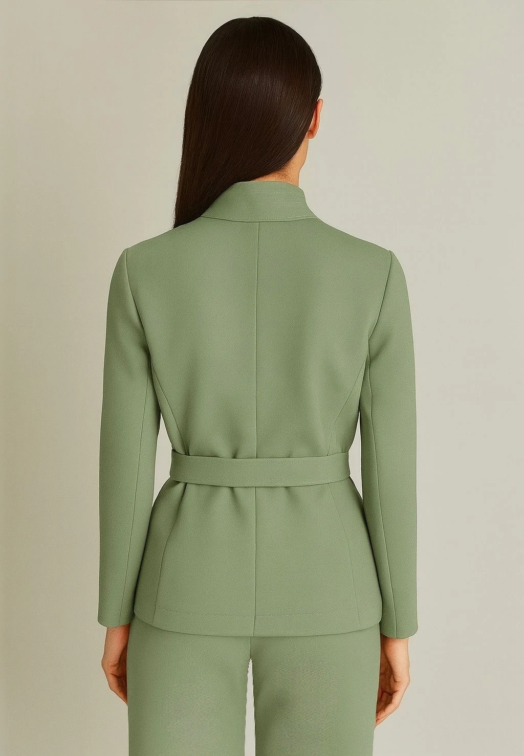 Kuşaklı yüksek yaka ceket premium kumaş haki