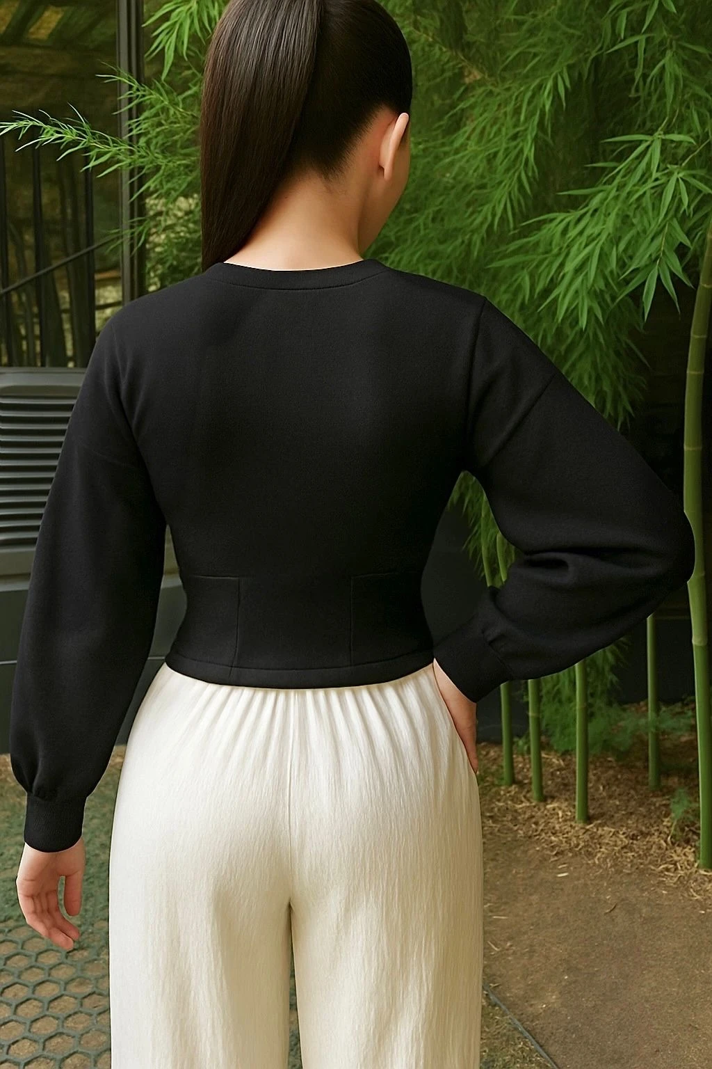 Çift taraflı fermuar detaylı hırka premium kumaş siyah