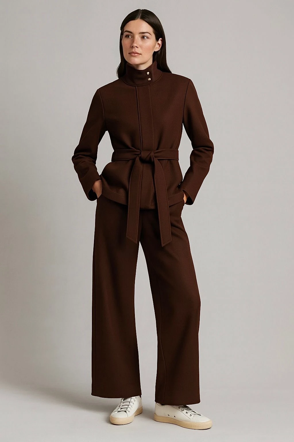 Kuşaklı yüksek yaka ceket premium kumaş