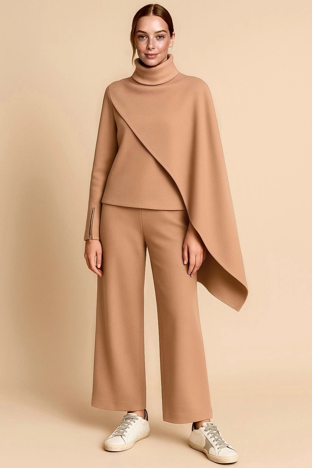 Pelerin detaylı bluz premium kumaş bej