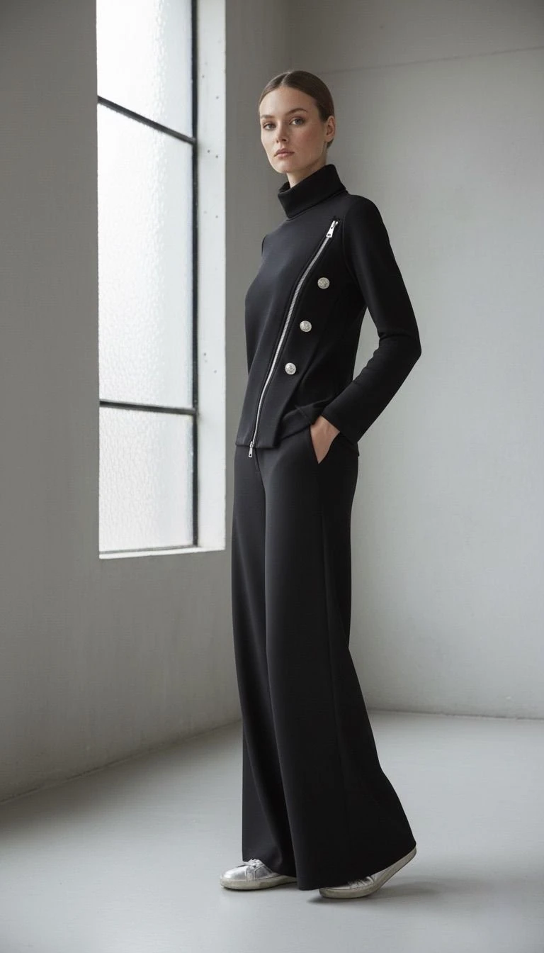 Asimetrik fermuar detaylı bluz premium kumaş