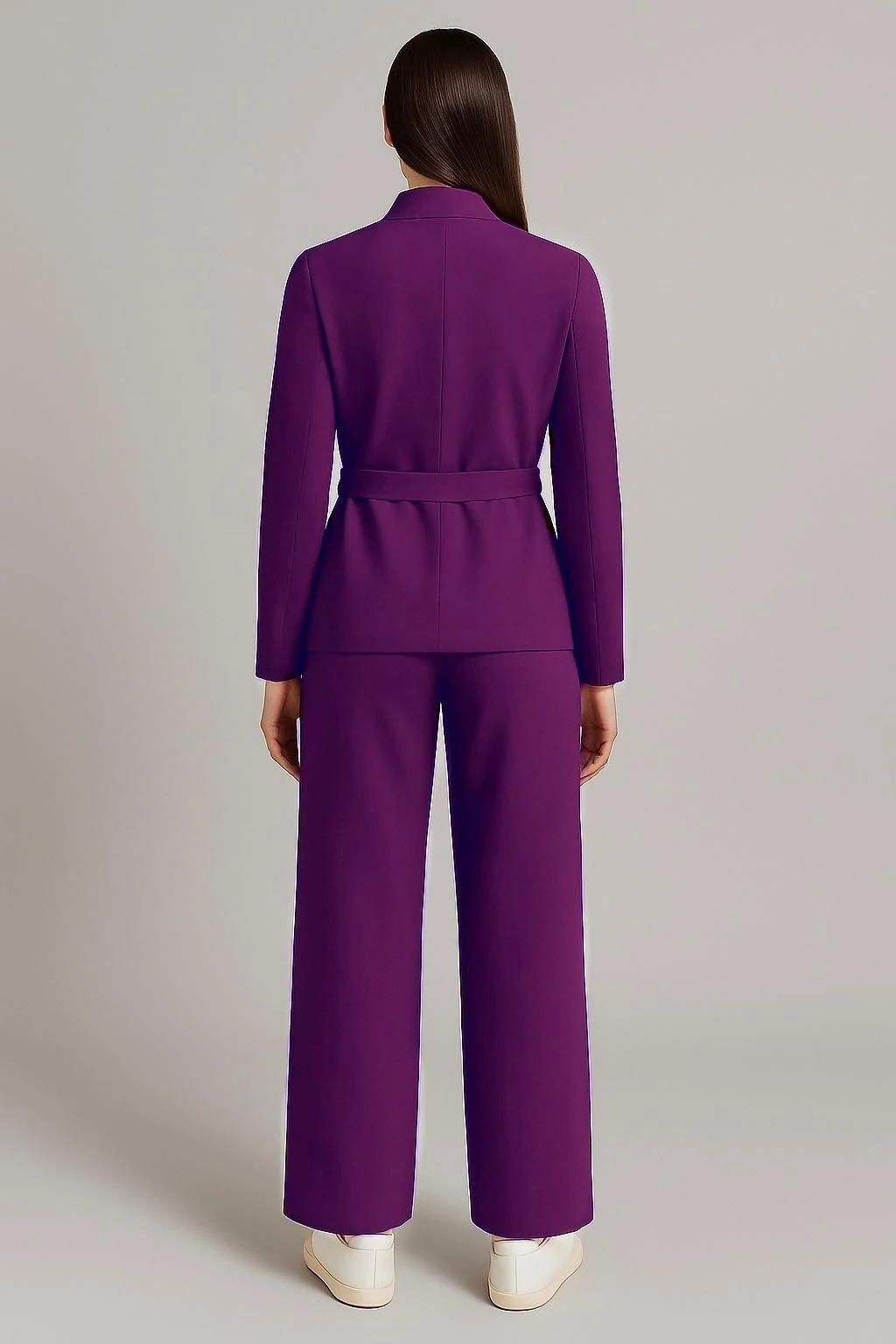 Kuşaklı yüksek yaka ceket mor premium kumaş