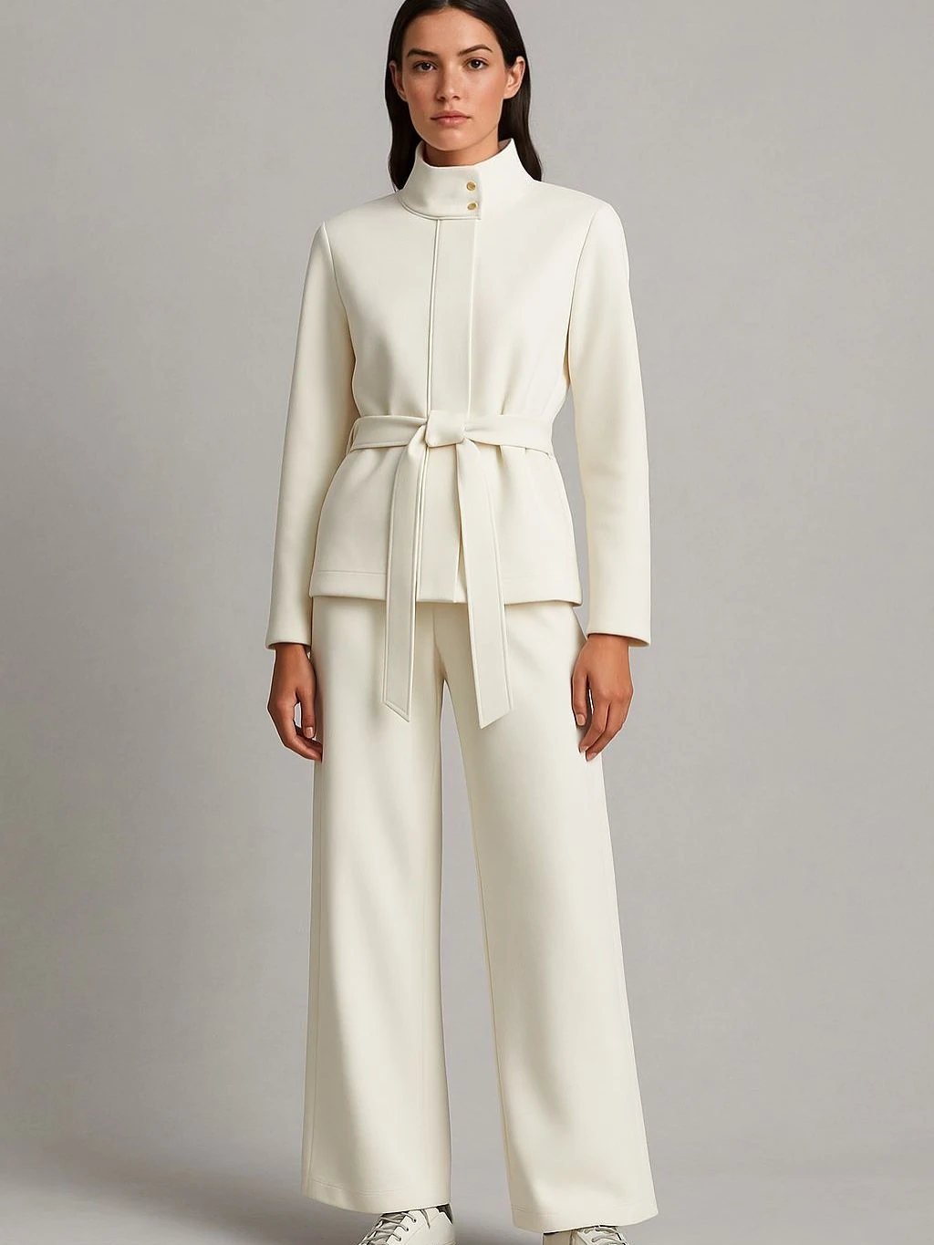 Kuşaklı yüksek yaka ceket premium kumaş ekru