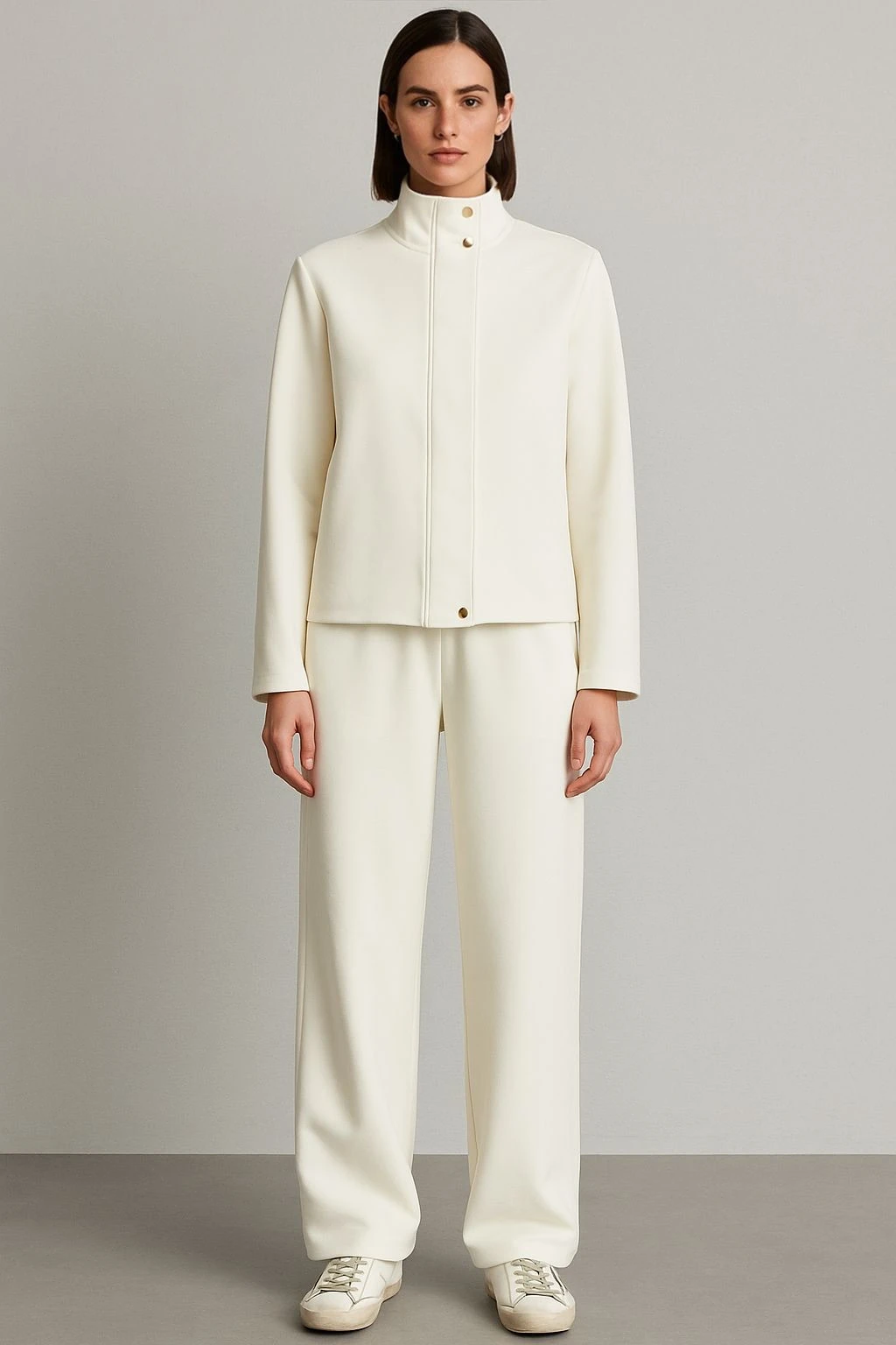 Kuşaklı yüksek yaka ceket premium kumaş ekru