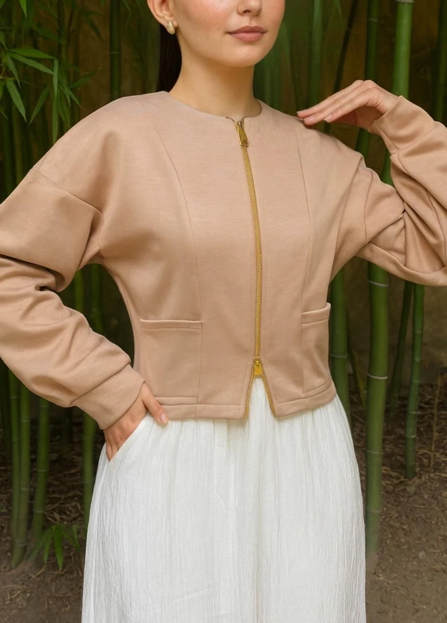 Çift taraflı fermuar detaylı hırka premium kumaş bej