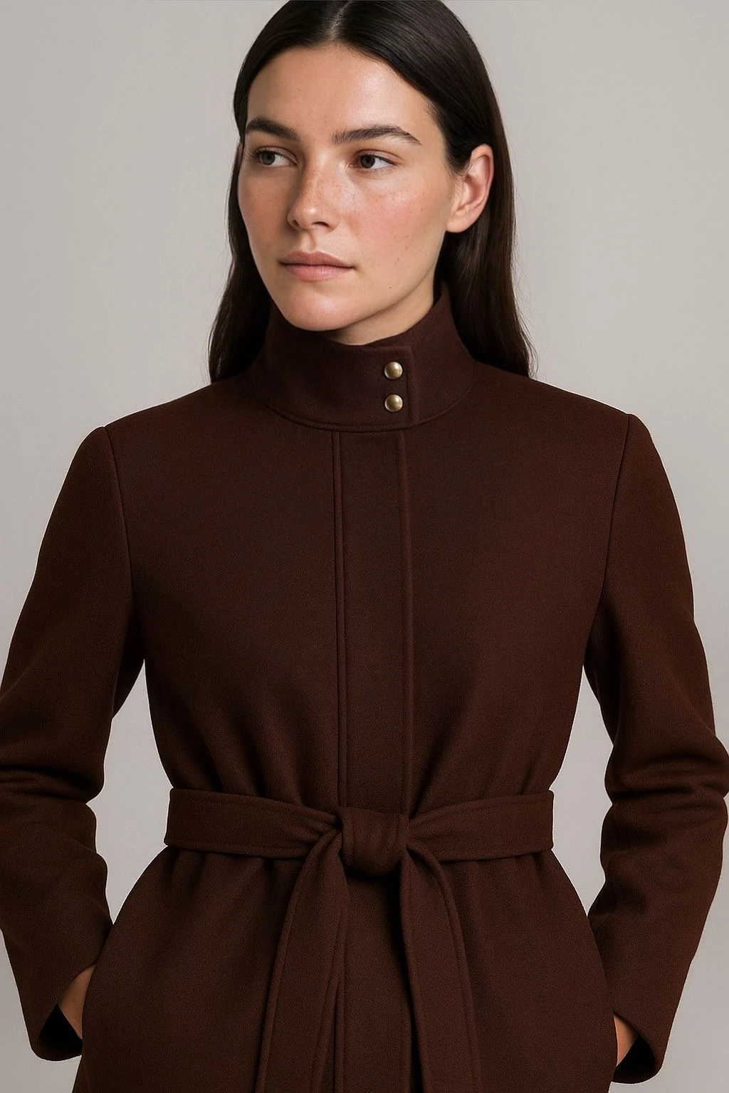 Kuşaklı yüksek yaka ceket premium kumaş