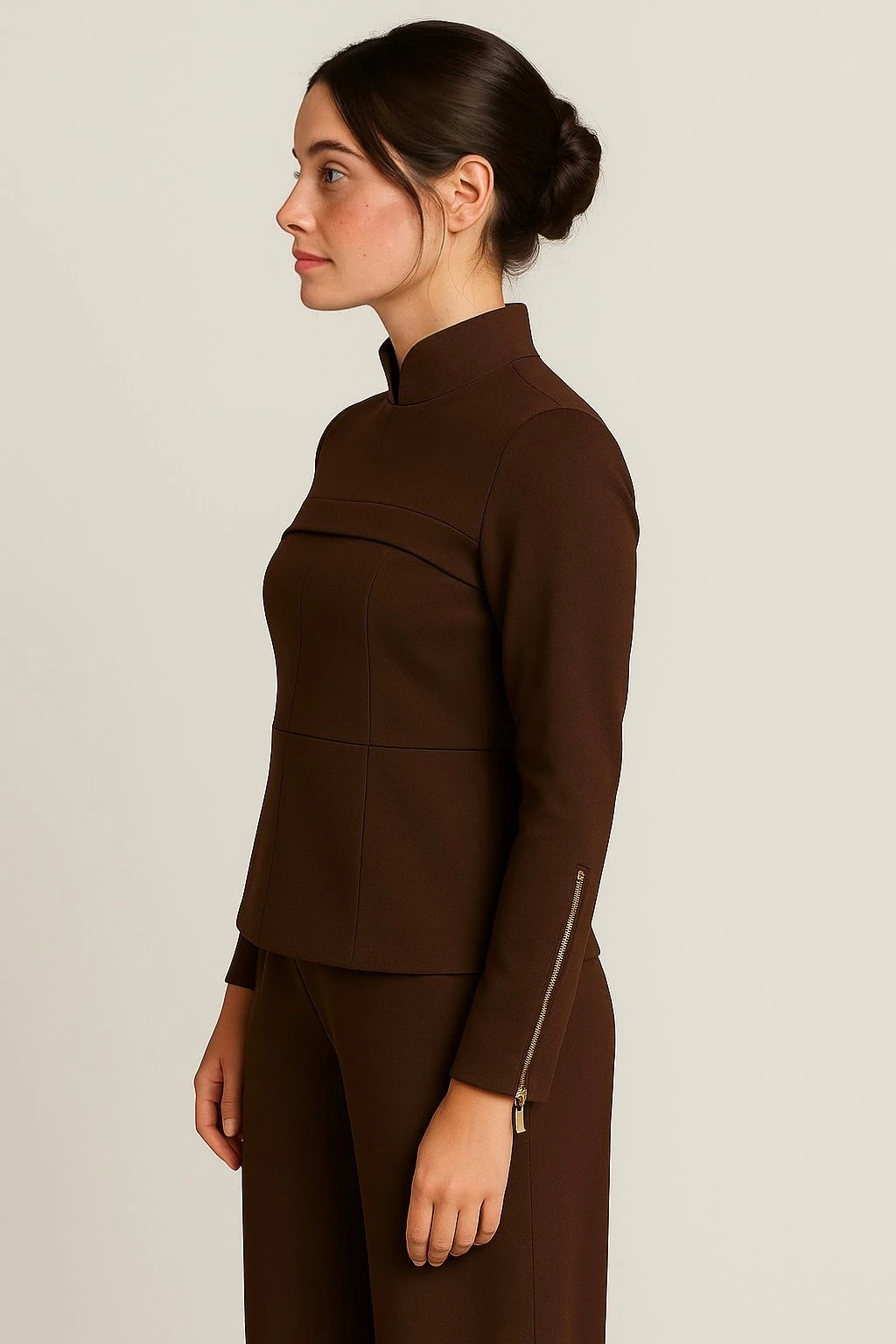 Belden oturtmalı bluz fermuar detaylı kahverengi