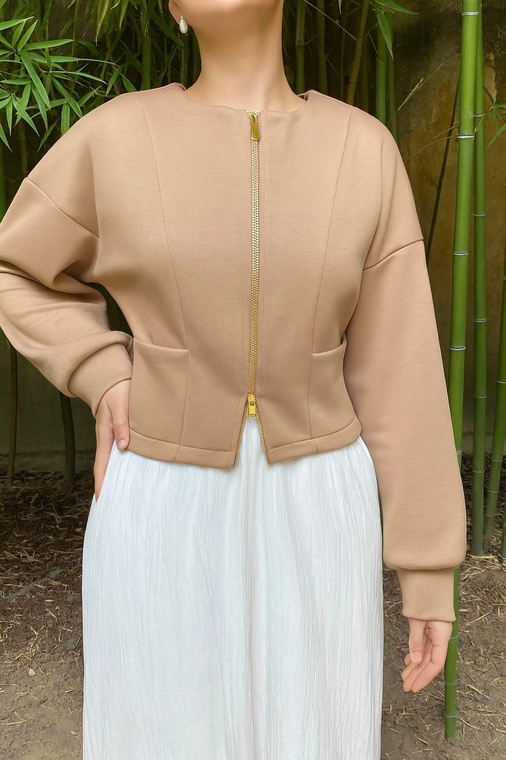 Çift taraflı fermuar detaylı hırka premium kumaş bej