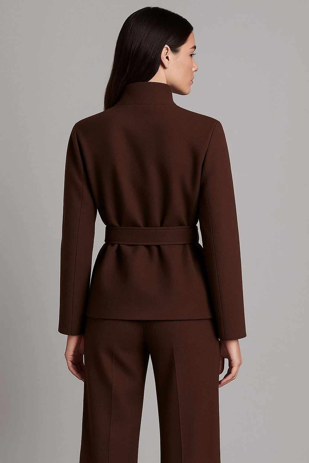 Kuşaklı yüksek yaka ceket premium kumaş