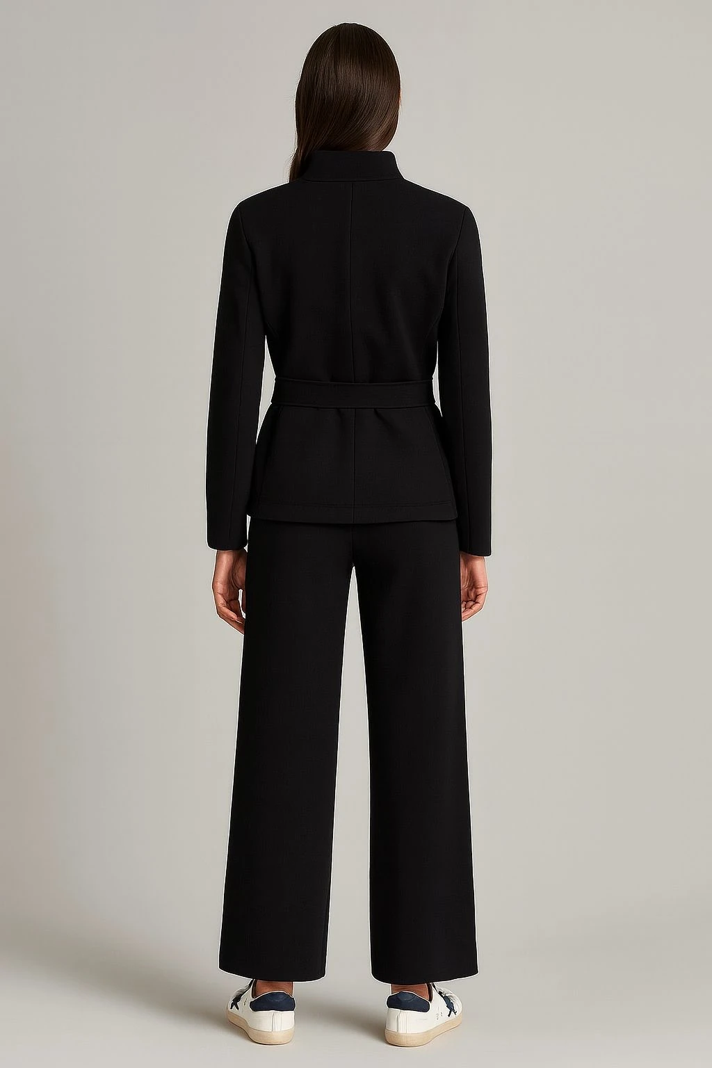 Kuşaklı yüksek yaka ceket premium kumaş