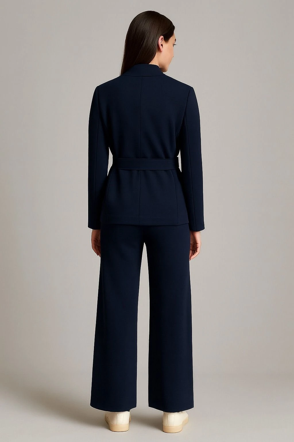 Kuşaklı yüksek yaka ceket premium kumaş lacivert