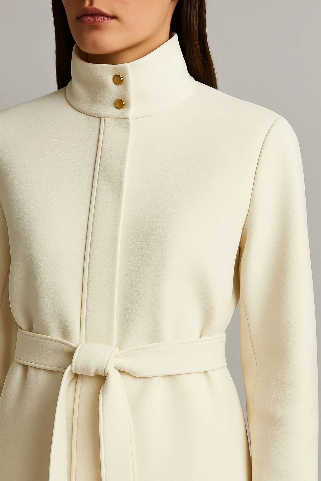 Kuşaklı yüksek yaka ceket premium kumaş ekru