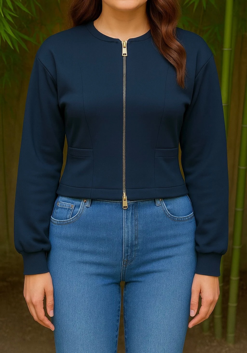 Çift taraflı fermuar detaylı hırka premium kumaş lacivert