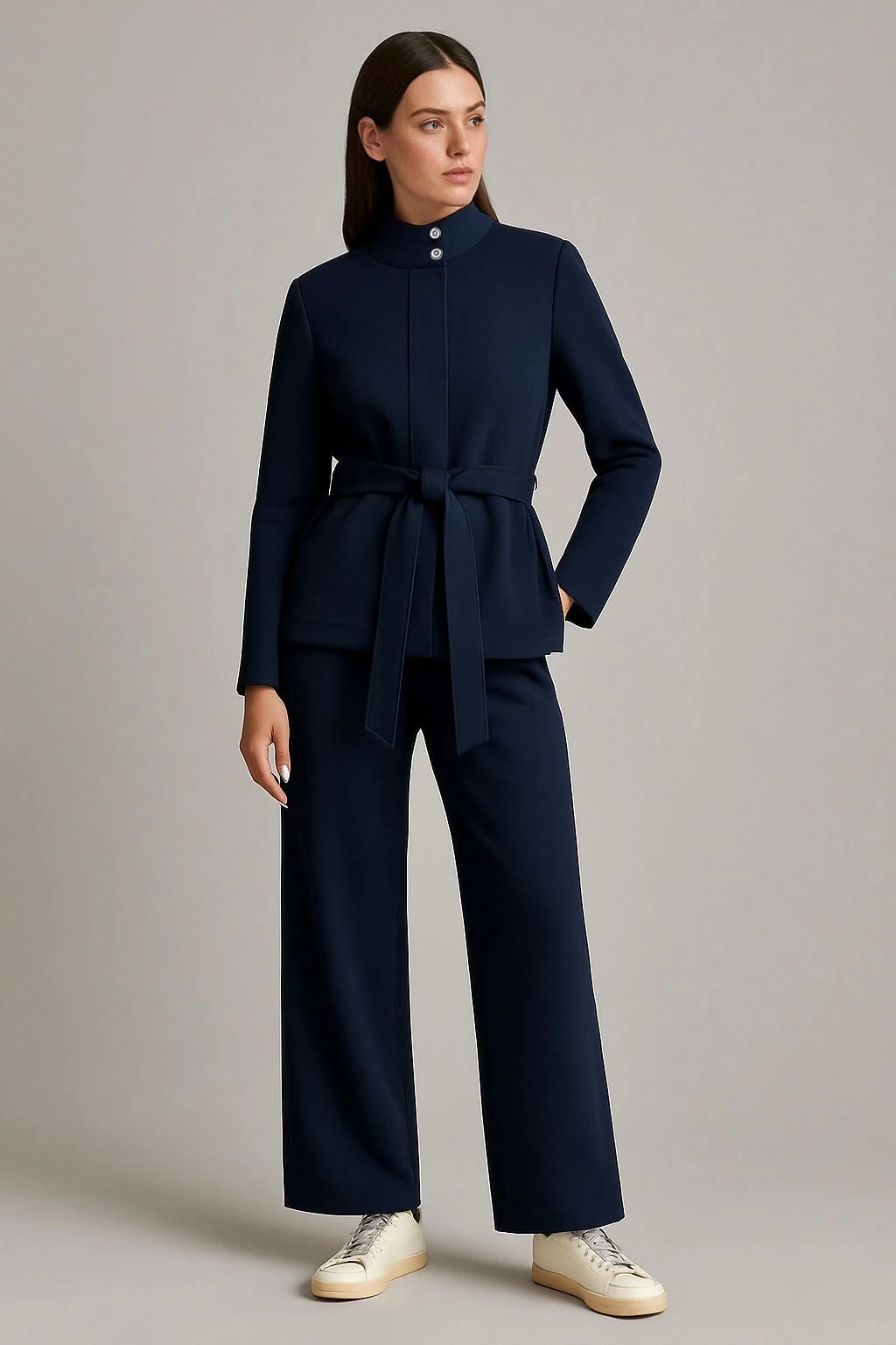 Kuşaklı yüksek yaka ceket premium kumaş lacivert