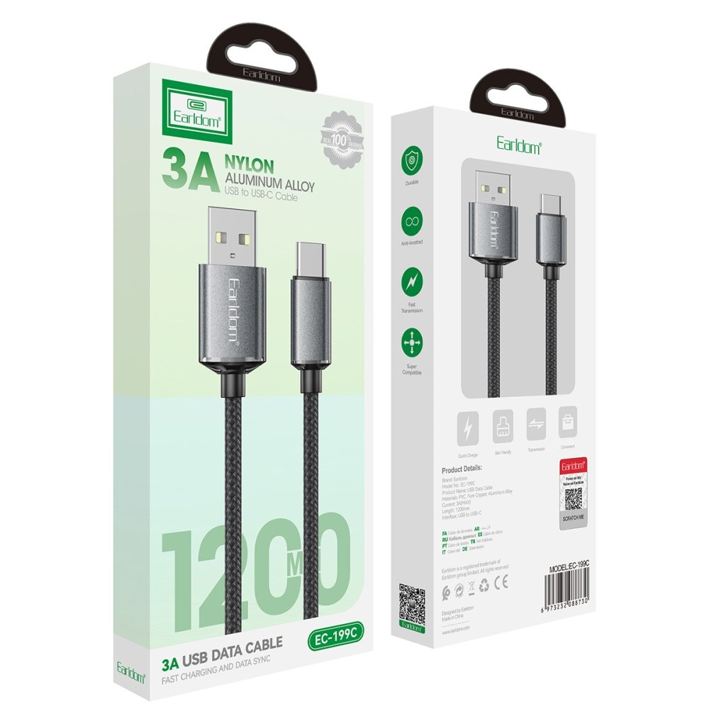EARLDOM EC-199C 1.2M 3A USB to Type-C Hızlı Şarj Kablosu - Siyah
