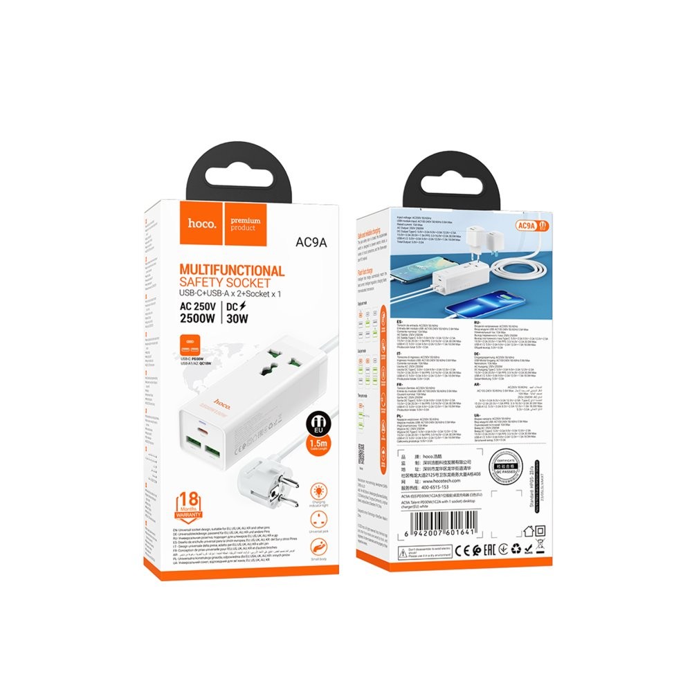 HOCO AC9A 1.5M Talent 2 Adet USB 1 Adet Type-C 1 Adet Priz PD30W Şarj Aleti - Beyaz