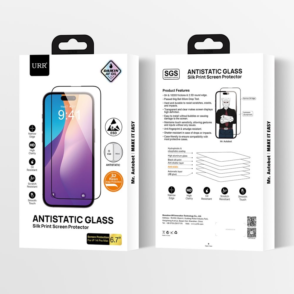URR iPhone 15 Pro Max 2.5D Antistatik Silkscreen Cam Ekran Koruyucu - Siyah