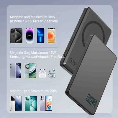 LITO LP07 15W Ultra İnce 5’i 1 Arada Manyetik Qi2 Powerbank 5000 mAh