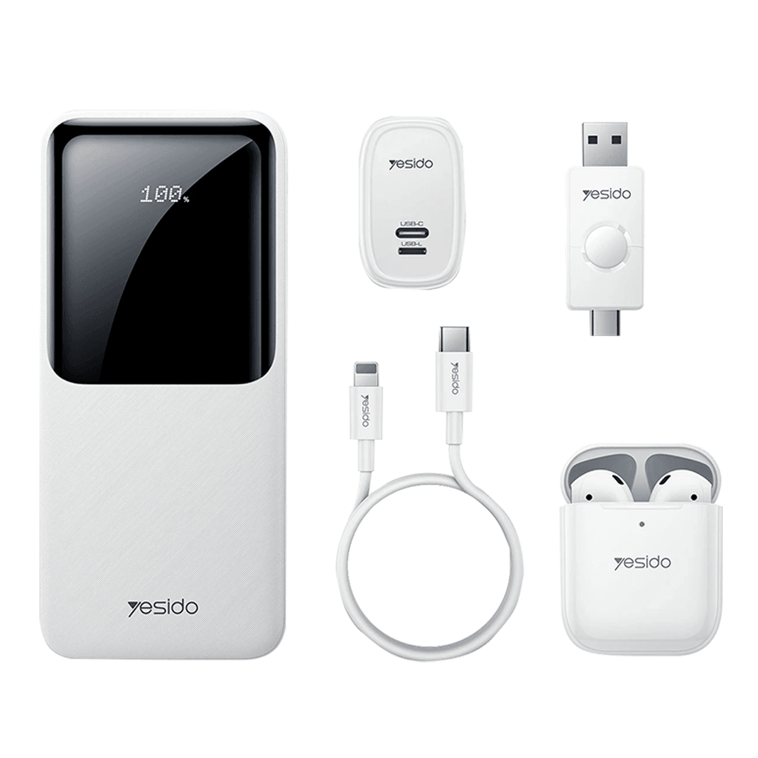 YESIDO CG10 5 in 1 12W Şarj Aleti Kablo Powerbank Flash Bellek Airpods Set - Beyaz