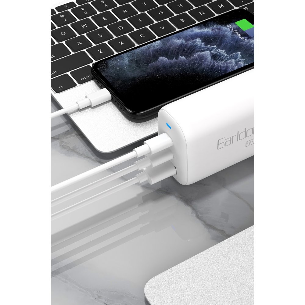 EARLDOM EU26i 2 Adet 65W Type-C ve 1 Adet 30W USB 3.0 Çıkışlı Ekstra Type-C to Lightning Kablolu GAN Şarj Cihazı - Beyaz