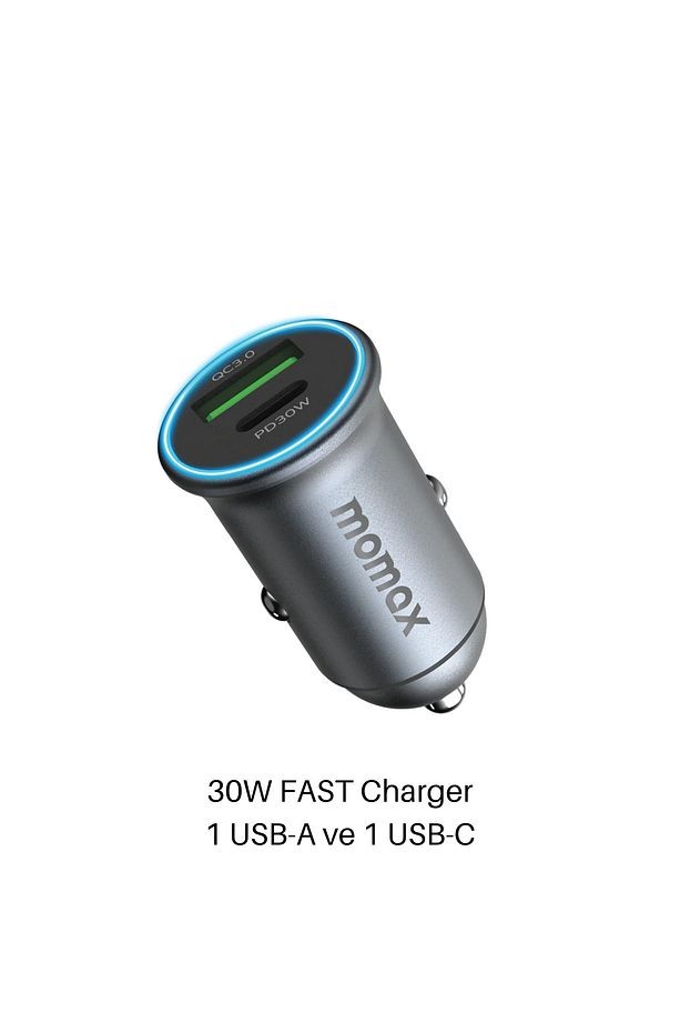 MOMAX UC18 MoVe 30W 2 in 1 Dual-Port Hızlı Araç Şarjı - Gri
