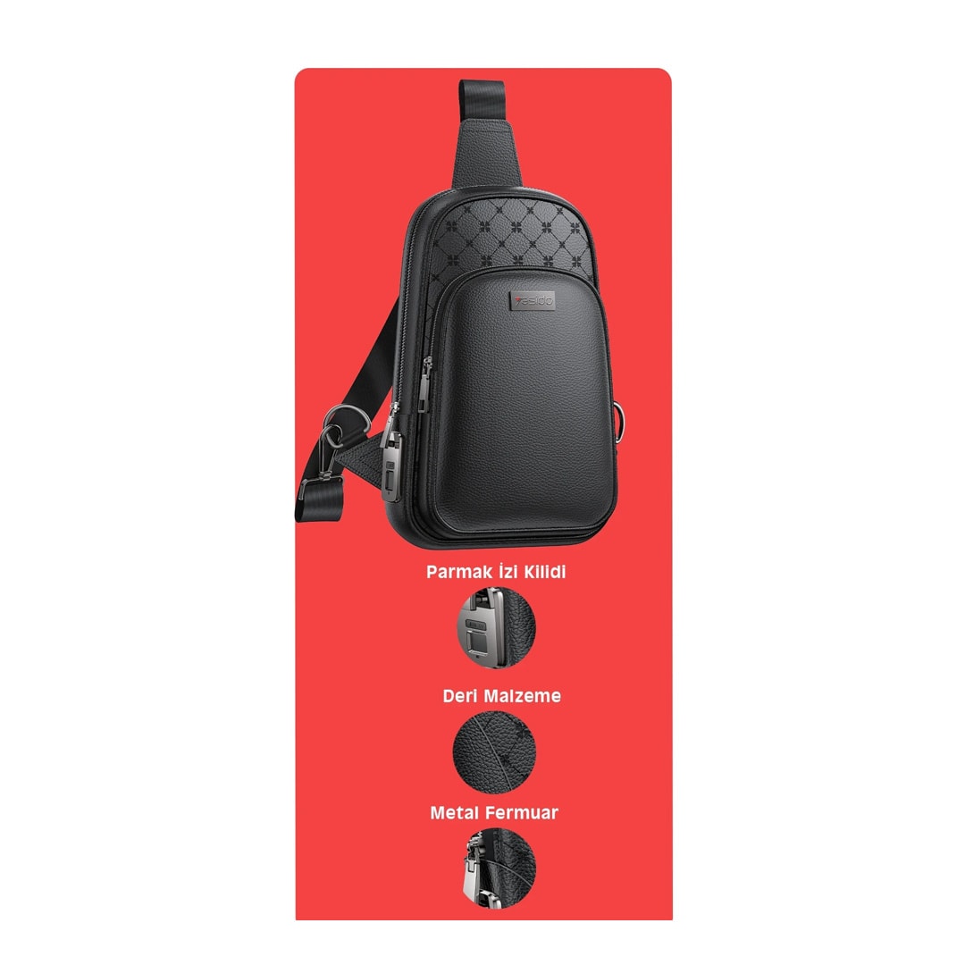 YESIDO WB58 Deri Parmak İzi Kilit Güvenlik Özellikli Omuz Çantası - Siyah