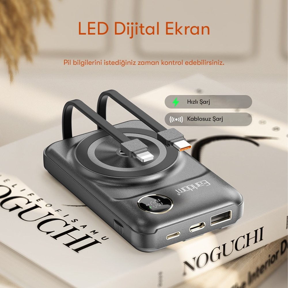 EARLDOM PD28 10.000 mAh 22.5W Kablosuz Şarjlı Dijital Göstergeli PD Hızlı Şarj Mini Powerbank