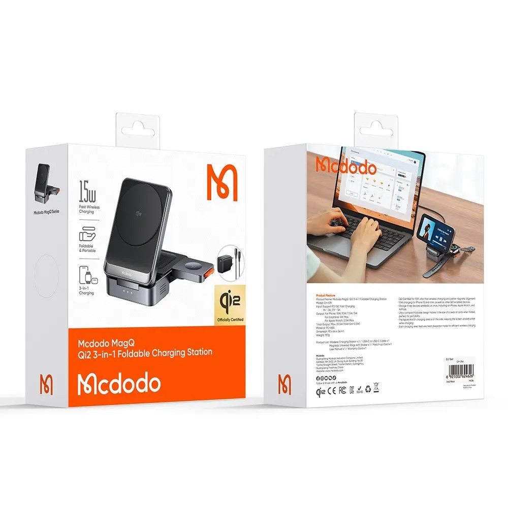 MCDODO CH-5192 15W MagQ Qi2 3'ü 1 arada Katlanabilir Masaüstü Kablosuz Şarj Cihazı