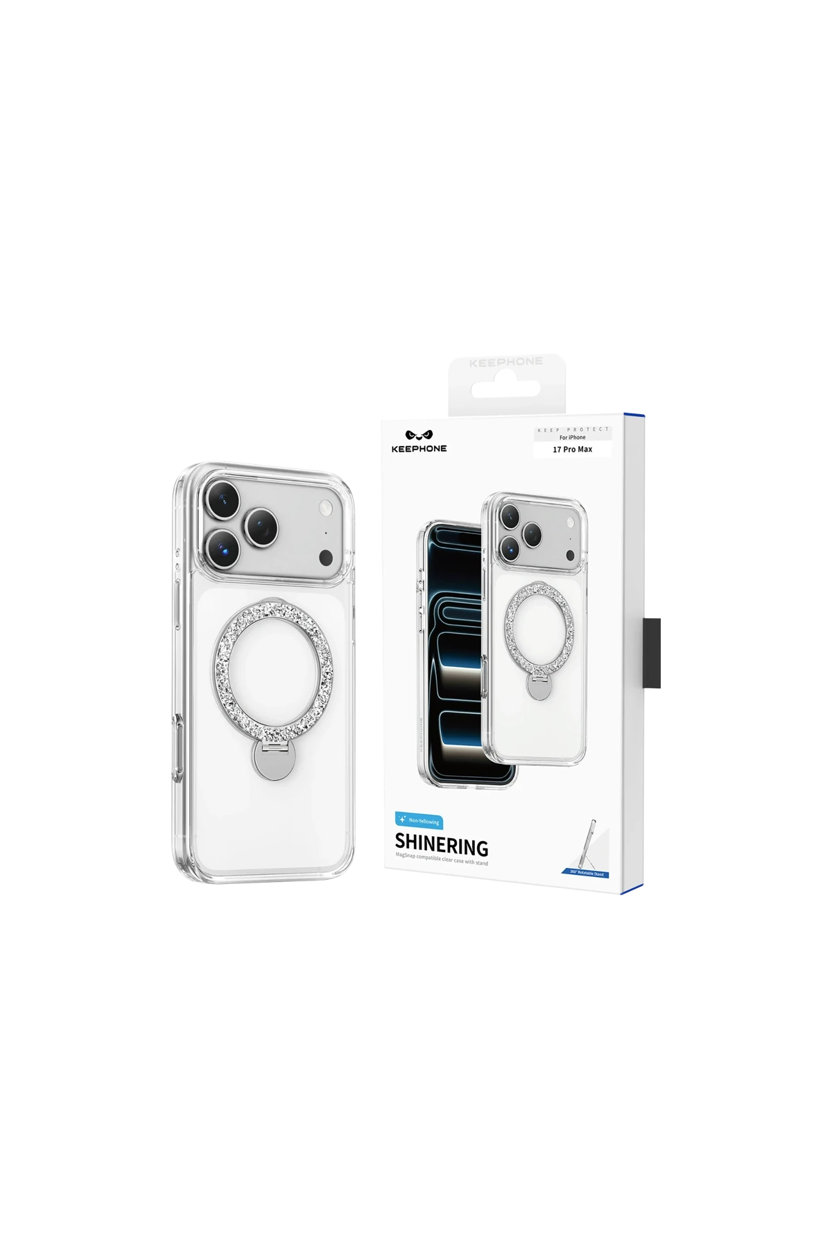 KEEPHONE iPhone 17 Pro Crystal Taşlı 360 Magsafe Standlı Kılıf