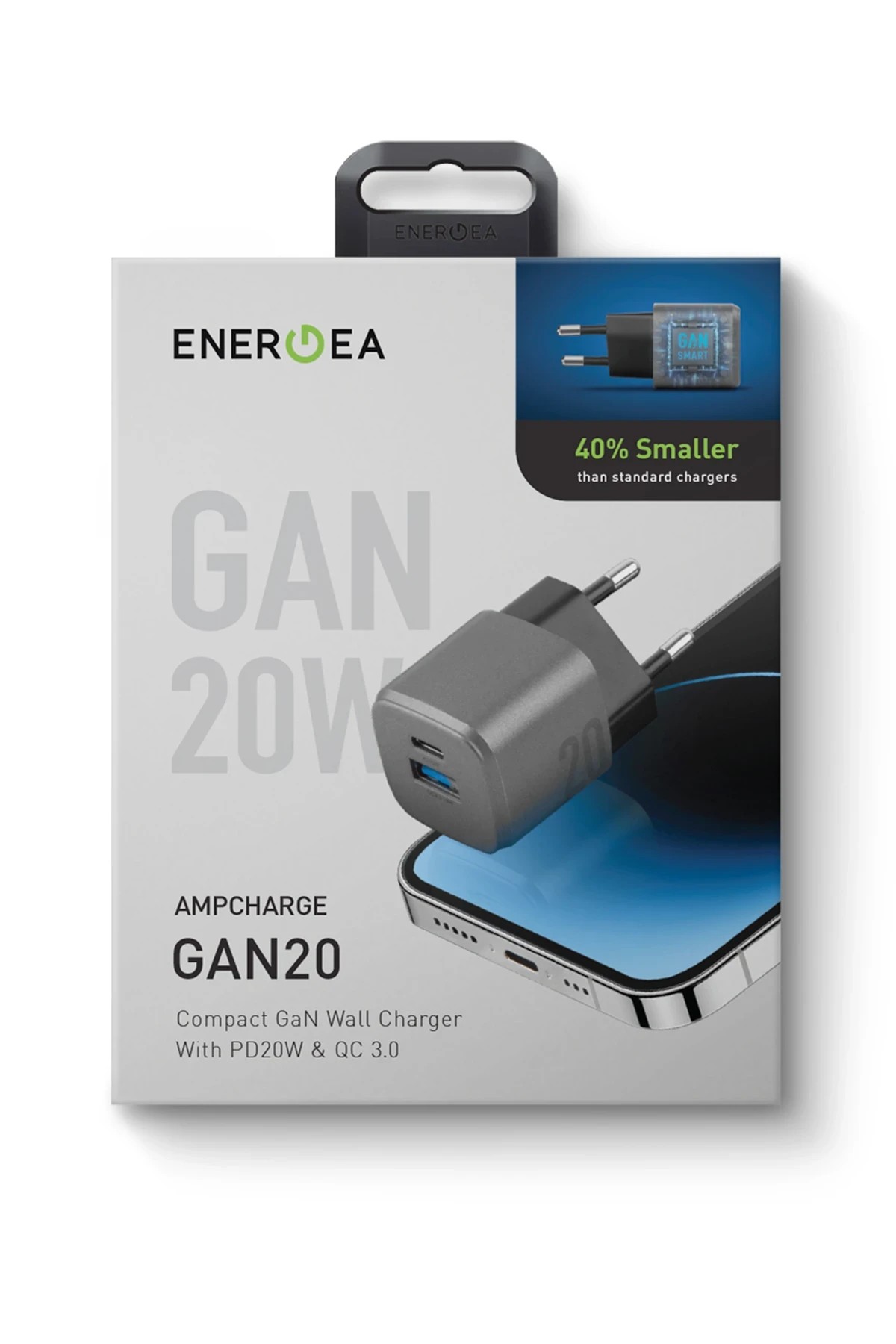 ENERGEA AmpCharge GaN20 20W Type-C ve 18W USB 3.0 Çıkışlı Hızlı Şarj Aleti - Koyu Gri