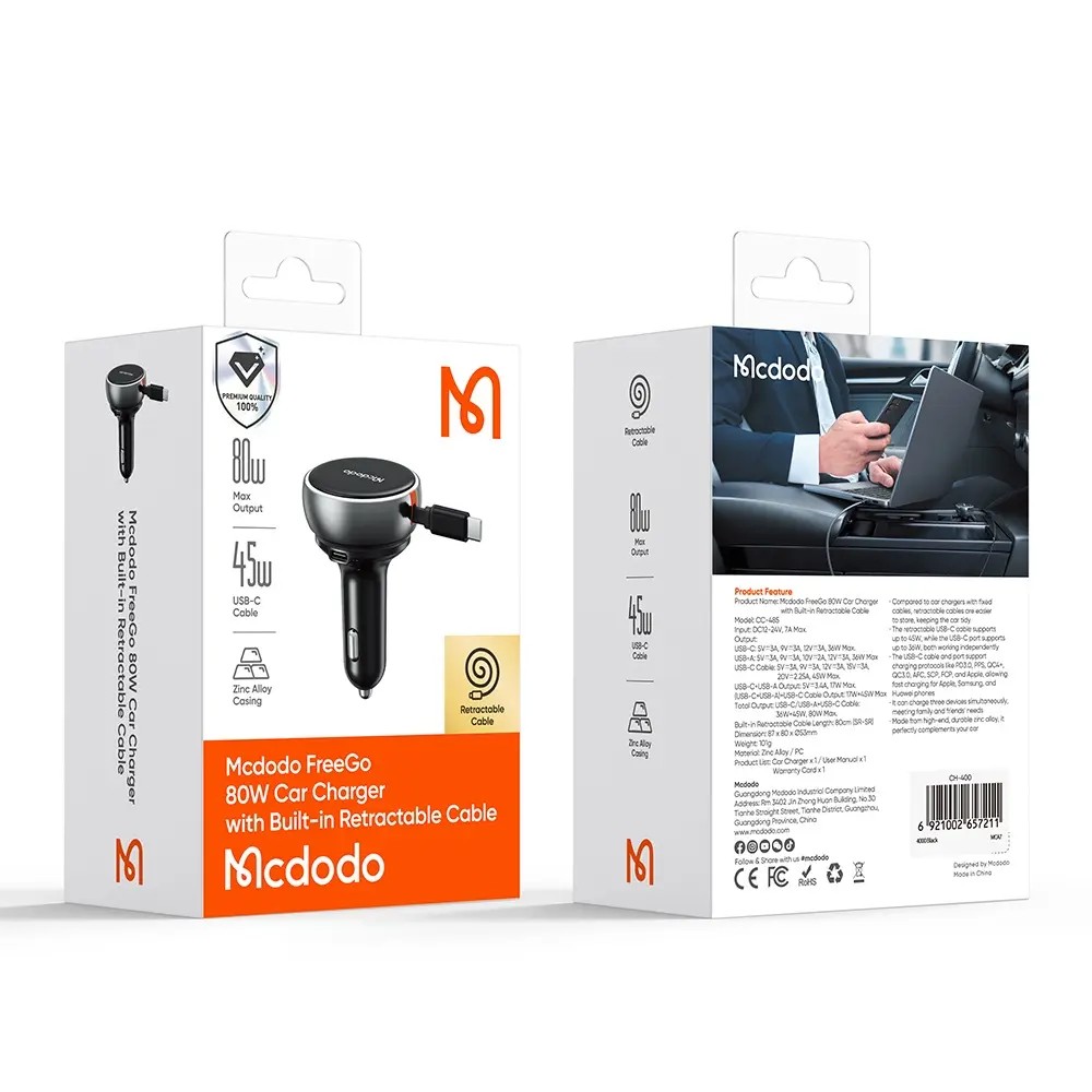 MCDODO CC-4850 80W USB-C Geri Çekilebilir Kablolu Araç Hızlı Şarj Cihazı