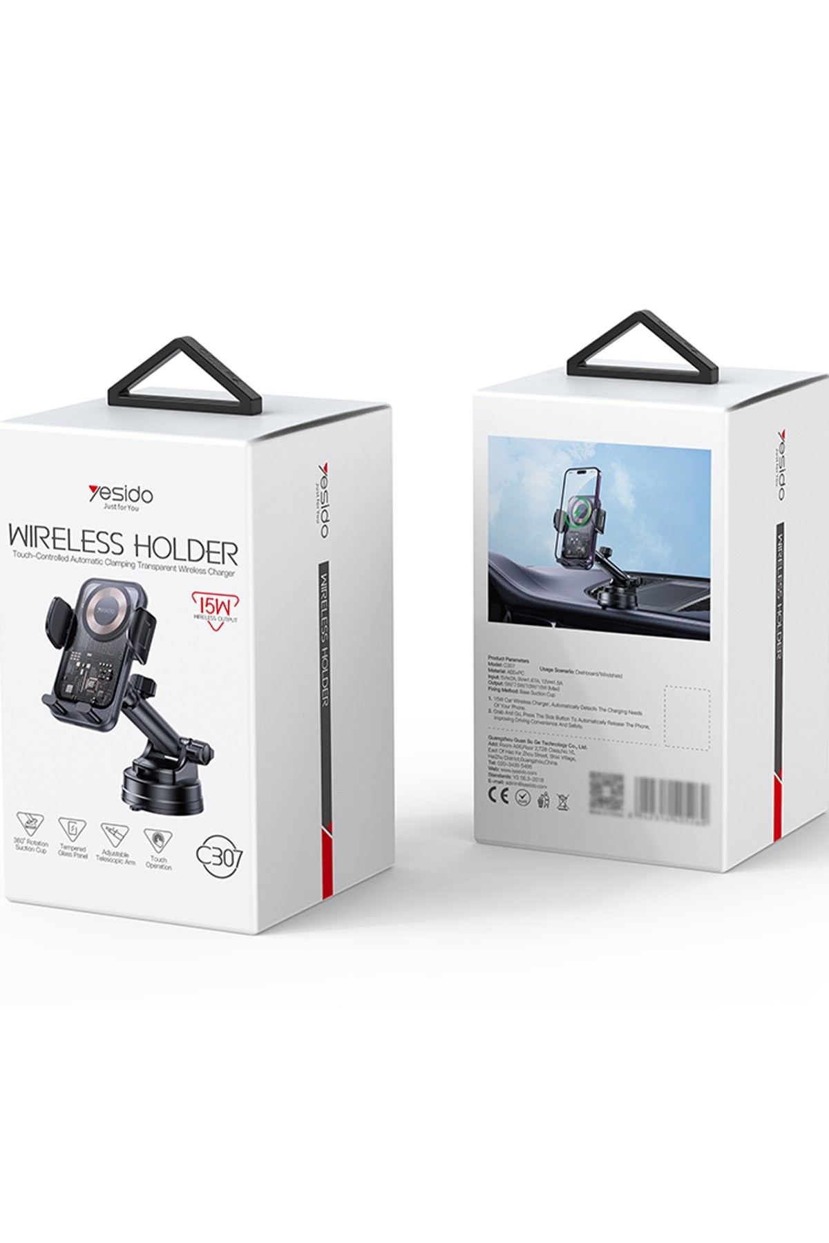 YESIDO C307 Yapışkanlı 360 Derece Ayarlanabilir Cam Yüzeyli 15W Kablosuz Şarjlı Araç Tutucu - Siyah