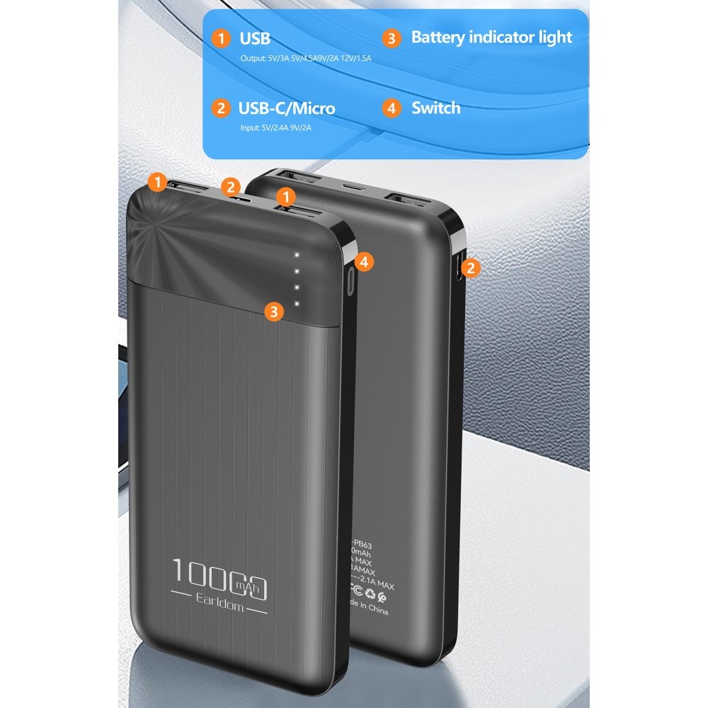EARLDOM PB63 10.000 mAh 2 Adet 10W USB Çıkışlı Powerbank - Siyah