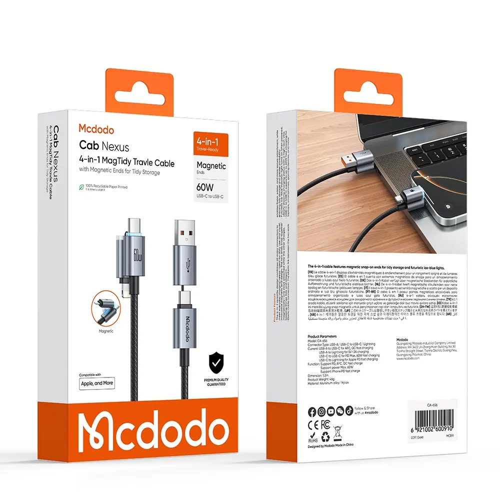 MCDODO CA-6560 4'ü 1 Arada USB-A/ USB-C - USB-C/ Lightning Işıklı Kablo 1.2 m