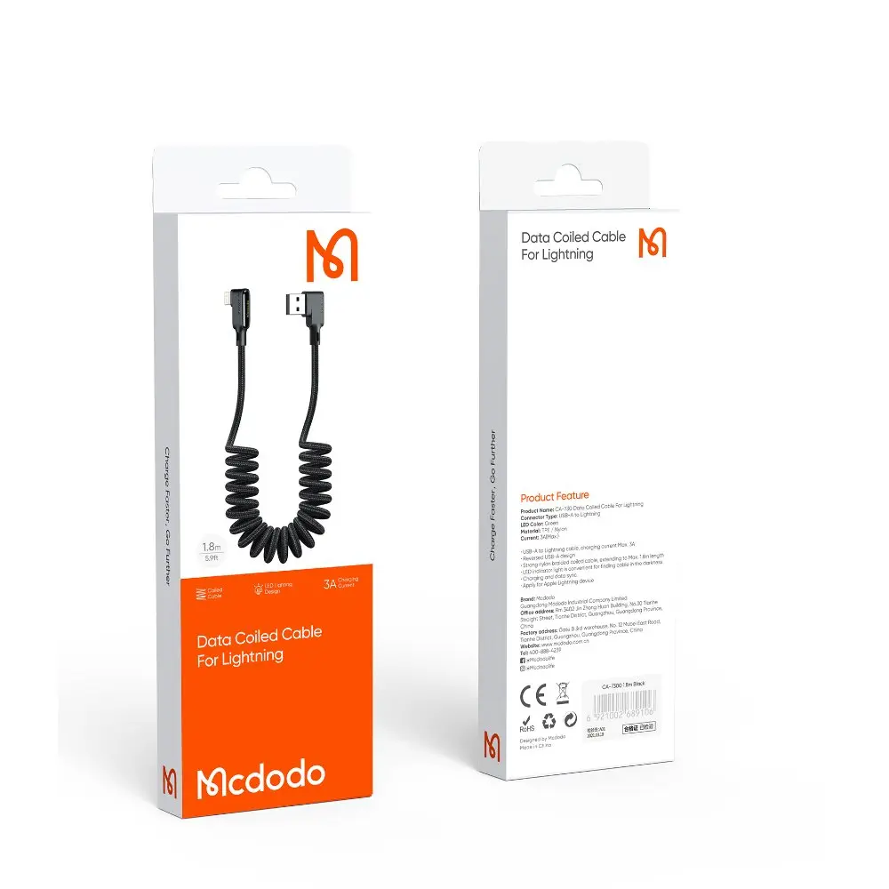 MCDODO CA-7300 USB-A to Lightning Spiralli Data-Şarj Kablosu 1.8 m