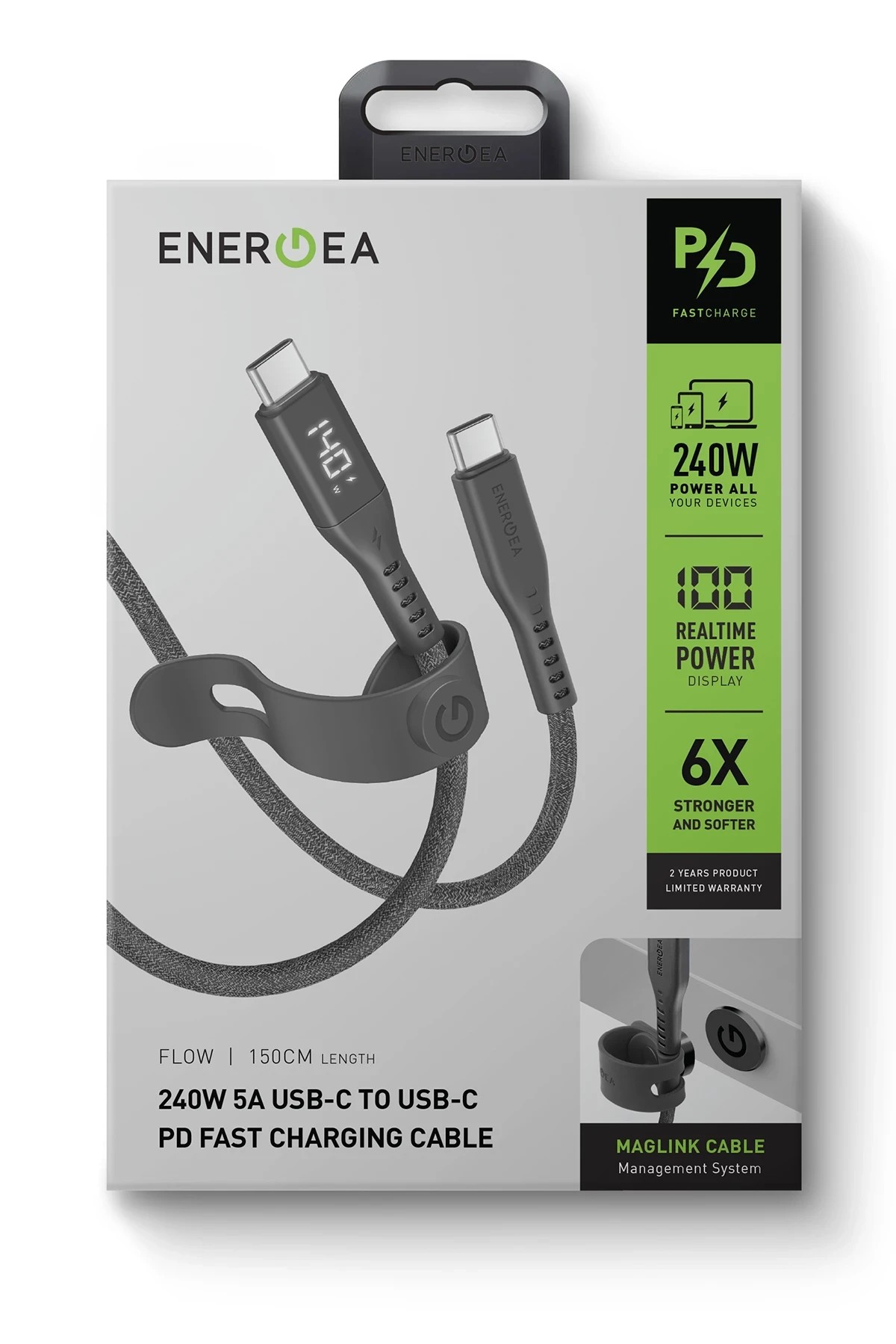 ENERGEA Flow 1.5M 240W Dijital Göstergeli Type-C to Type-C PD Hızlı Şarj Kablo - Siyah
