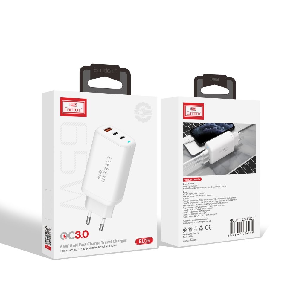 EARLDOM EU26i 2 Adet 65W Type-C ve 1 Adet 30W USB 3.0 Çıkışlı Ekstra Type-C to Lightning Kablolu GAN Şarj Cihazı - Beyaz