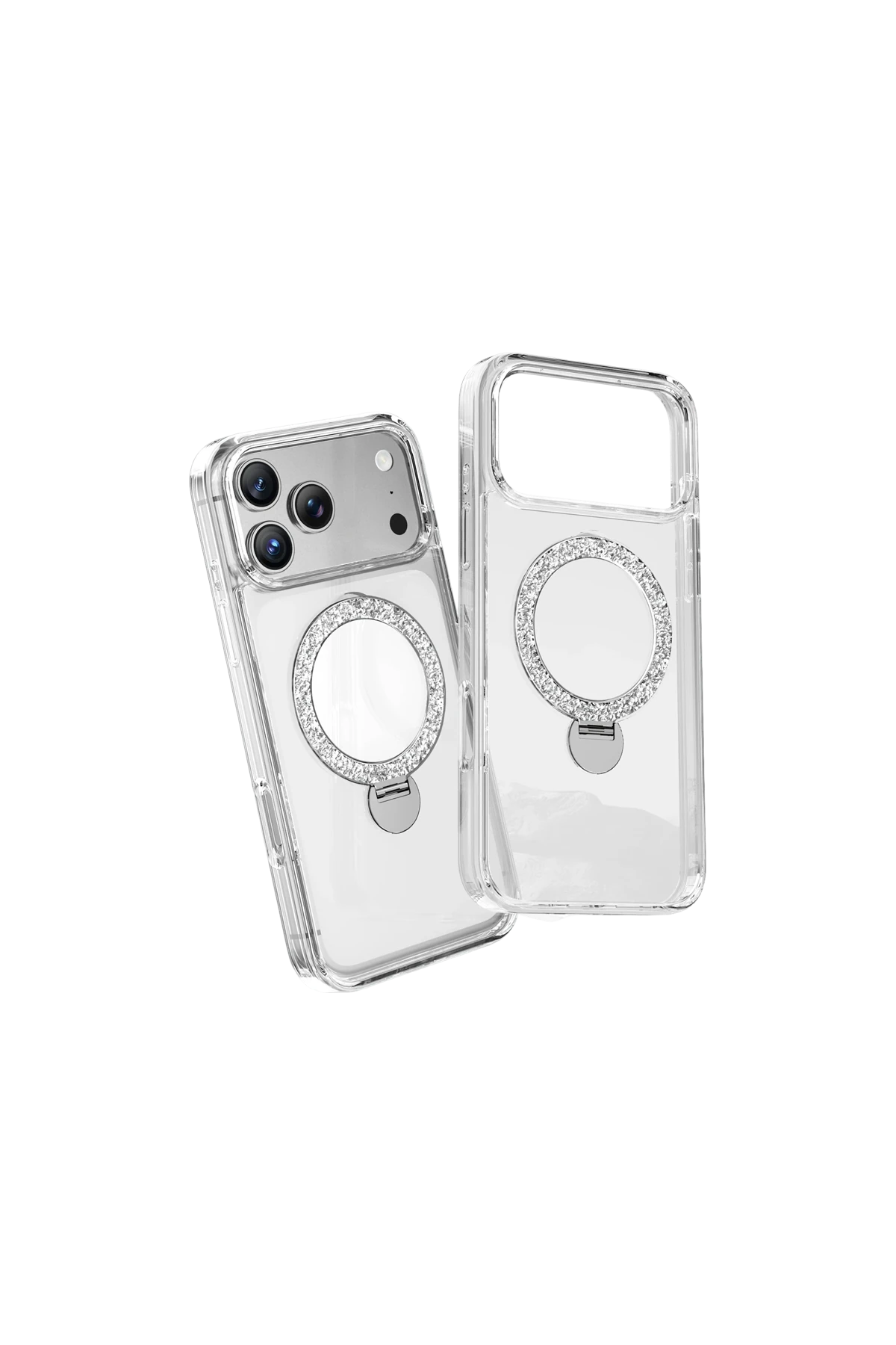 KEEPHONE iPhone 17 Pro Max Crystal Taşlı 360 Magsafe Standlı Kılıf - Şeffaf