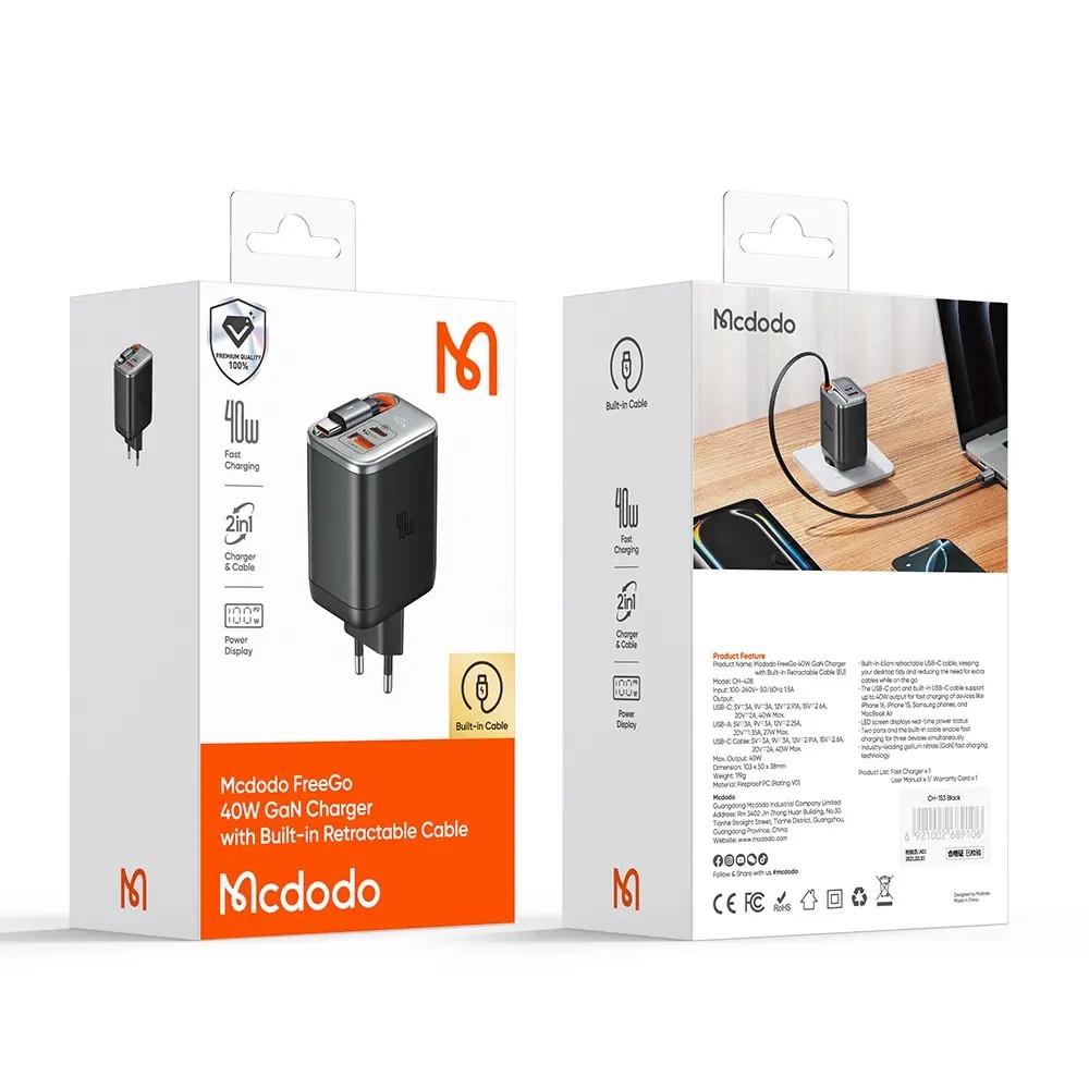 MCDODO CH-4281 FreeGo 40W Dahili Geri Çekilebilir Kablolu GaN Şarj Cihazı 