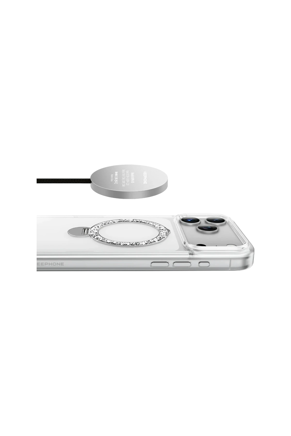 KEEPHONE iPhone 17 Pro Max Crystal Taşlı 360 Magsafe Standlı Kılıf - Şeffaf