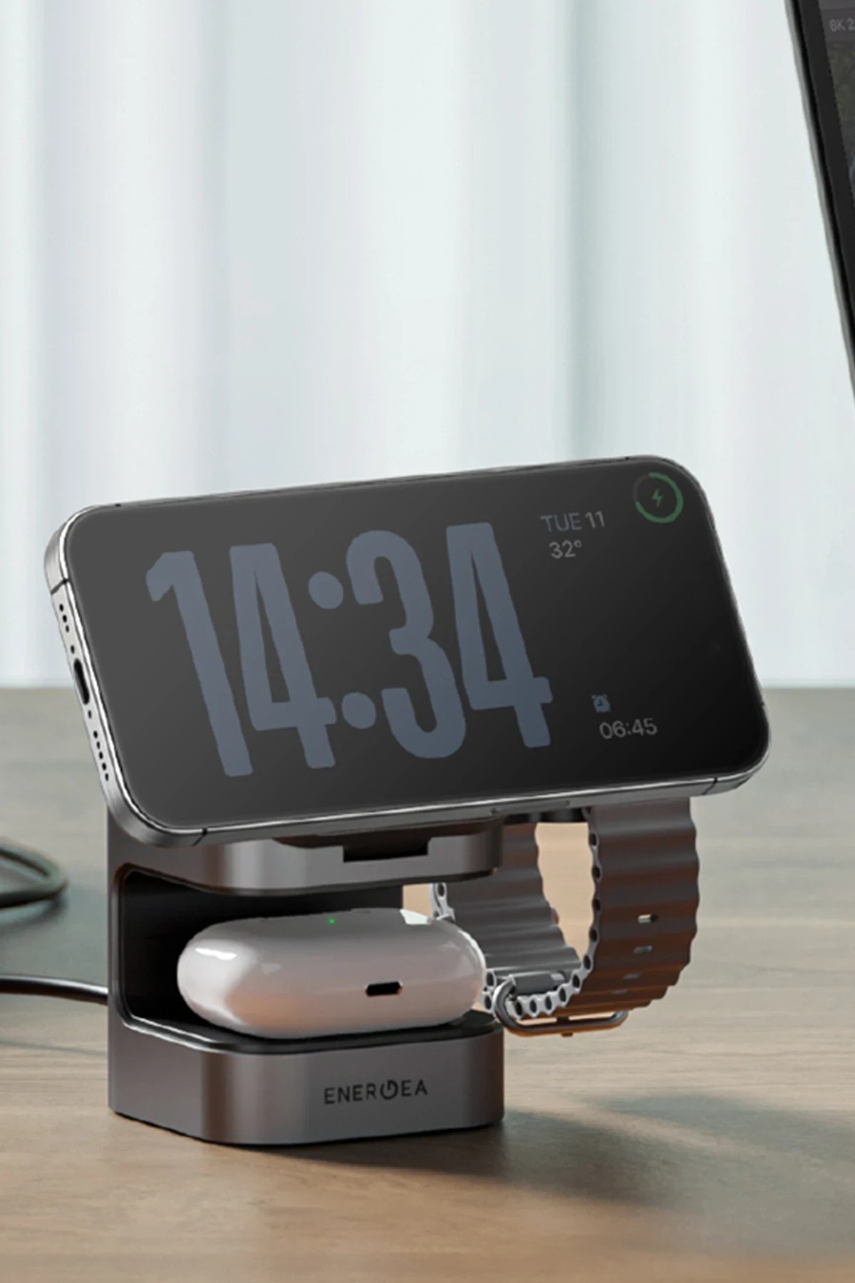 ENERGEA MagCube 3in1 Katlanabilir 15W Telefon Saat Airpods Masaüstü Hızlı Şarj Standı - Koyu Gri