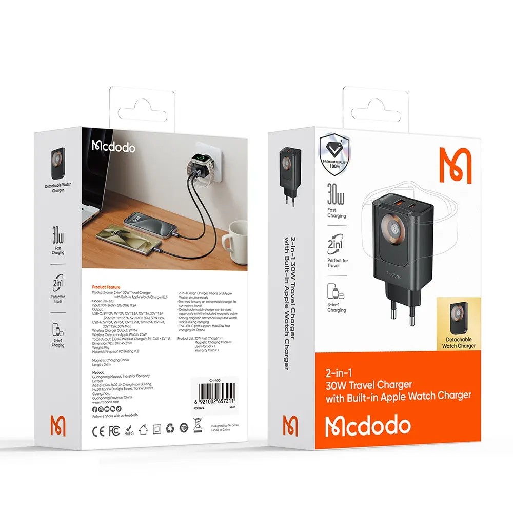 MCDODO CH-3700 30W 2'si 1 Arada Kablosuz Apple Watch ve Seyahat Şarj Adaptörü
